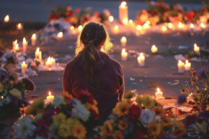 A young girl sits among flowers and candles at a memorial for victims and survivors of a mass shooting.