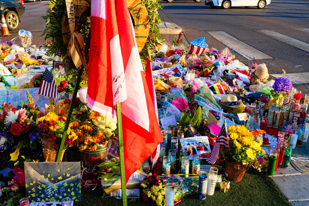 A memorial at the site of a mass public shooting in the United States