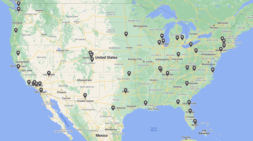 The 48 different communities impacted by mass public shootings that are represented in this research project.